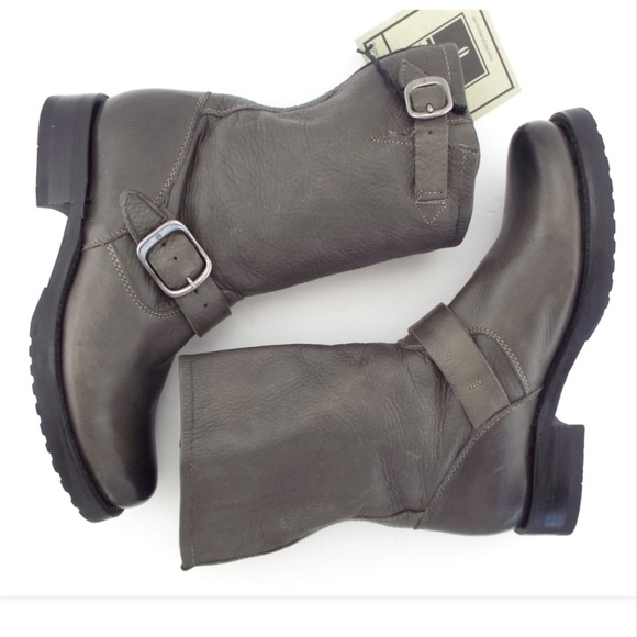 New FRYE Smoke Gray Slouch Leather Buckle Strap Booties 6.5 - Picture 3 of 6